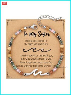 Wave Bracelet 316L Stainless Steel Natural Stone Beaded Adjustable Women Sister